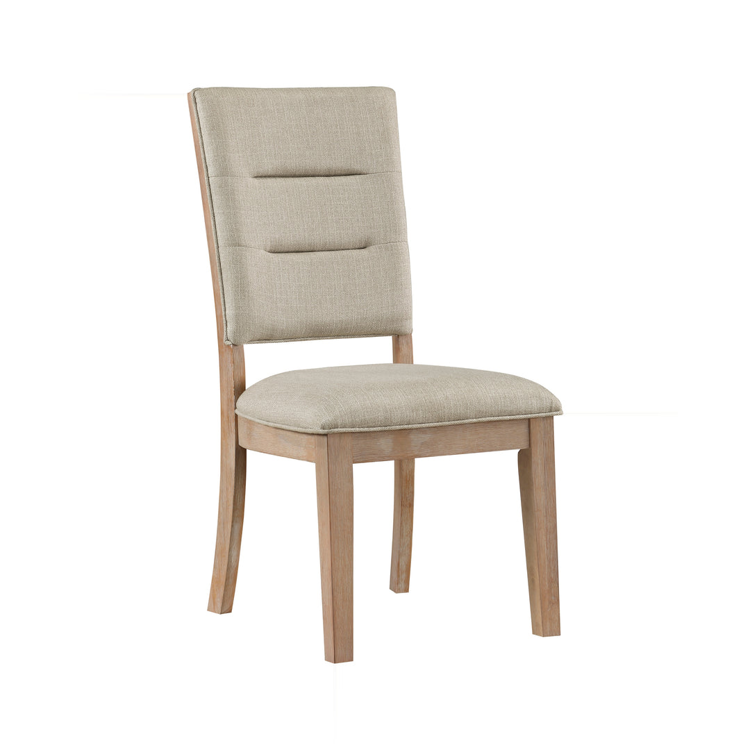 A light beige upholstered dining chair with a wooden frame is displayed on a white background.