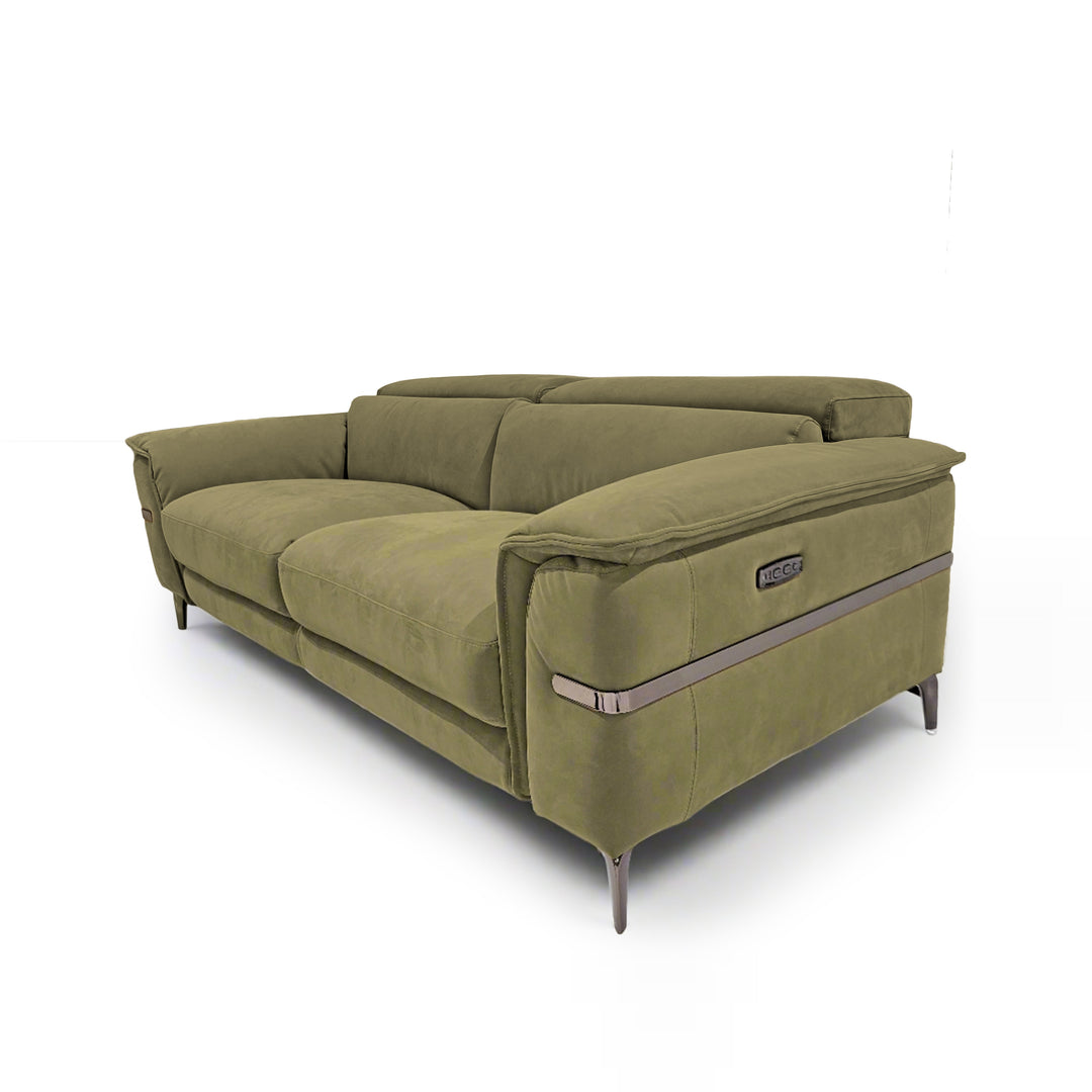 An olive green sofa with metal accents is displayed on a white background.