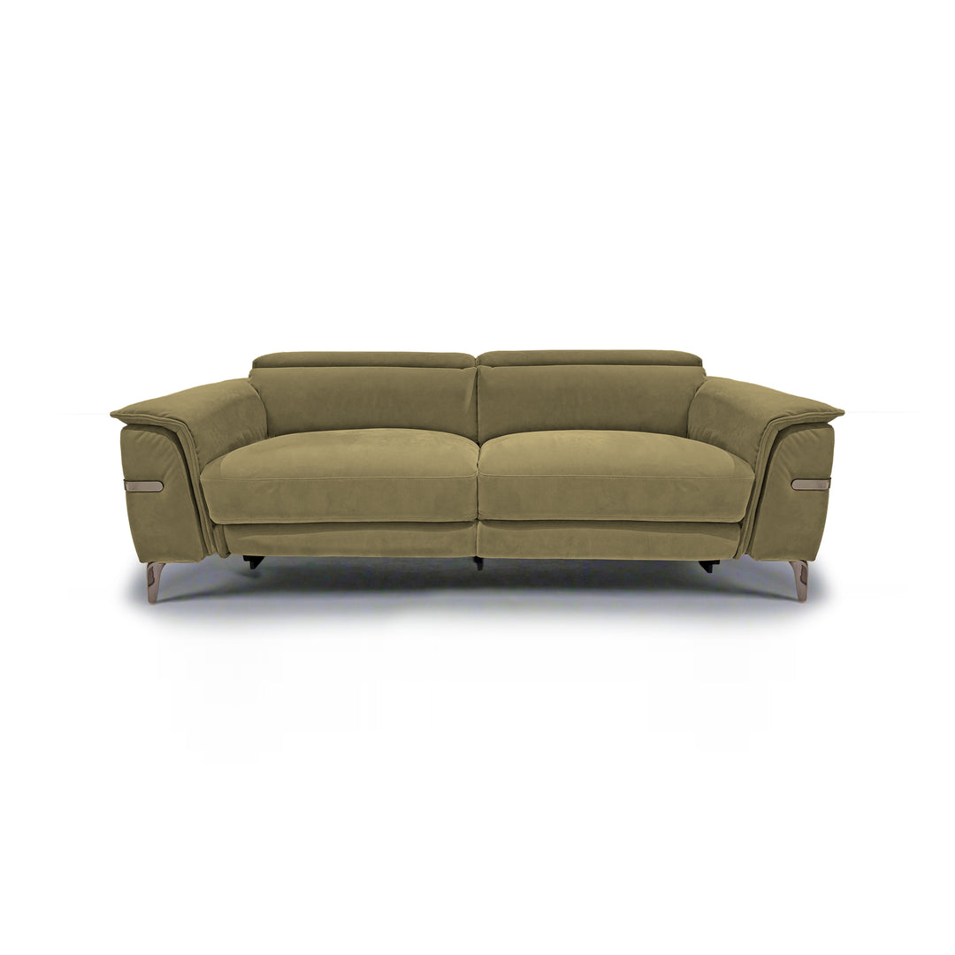 An olive green, modern sofa with track arms sits on a white background, featuring clean lines and a minimalist aesthetic.