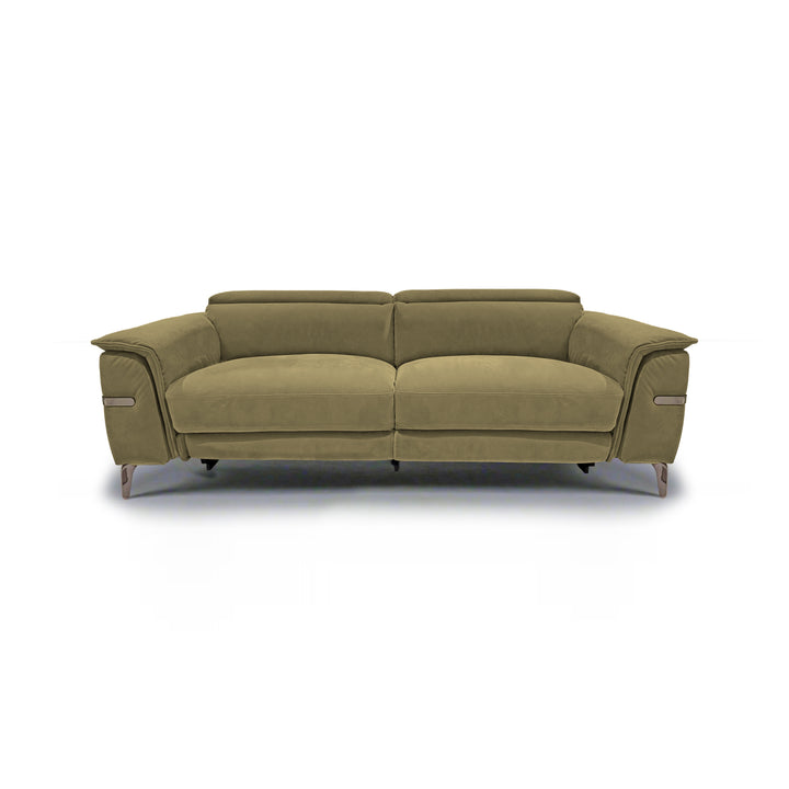 An olive green, modern sofa with track arms sits on a white background, featuring clean lines and a minimalist aesthetic.