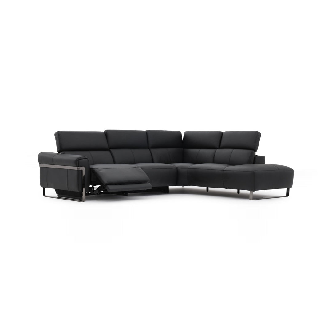 A black leather sectional sofa with a reclining feature is isolated on a white background.