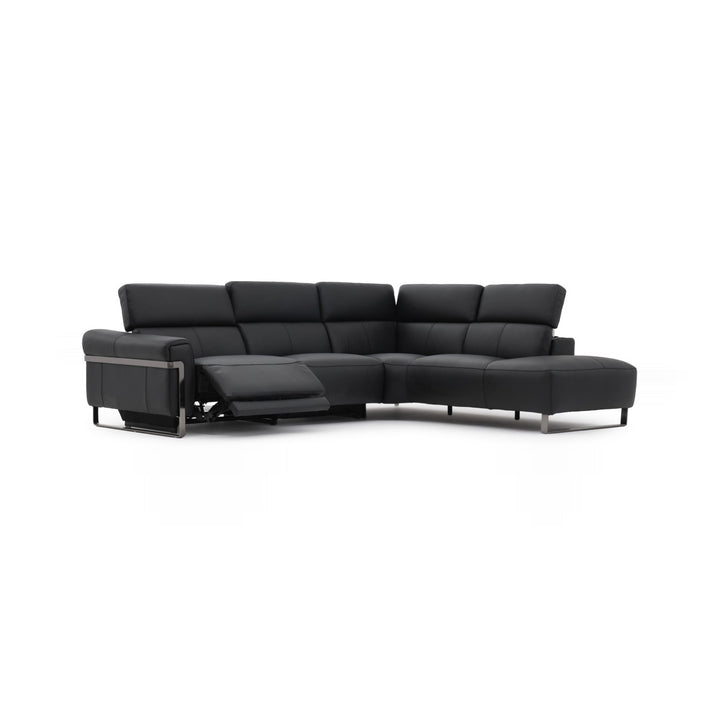 A black leather sectional sofa with a reclining feature is isolated on a white background.