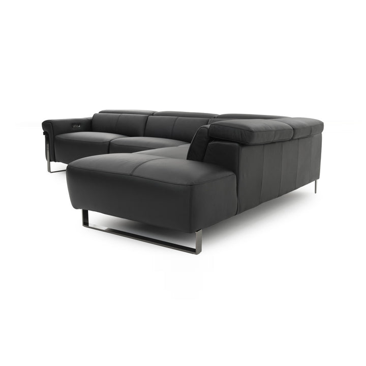Black leather sectional sofa with metal legs on a white background.