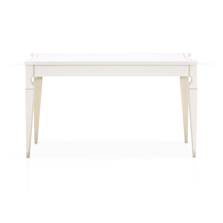 A white desk with tapered legs is presented against a white background.