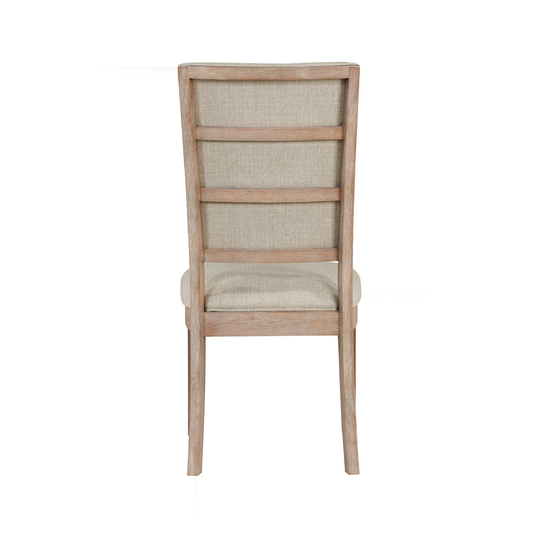 Rear view of a beige fabric dining chair with a light wood frame and horizontal back slats.