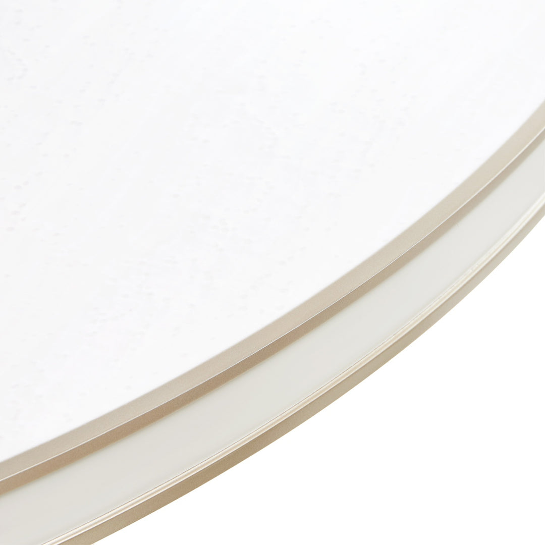 Close-up of a white round surface with a beige rim, presented on a white background.