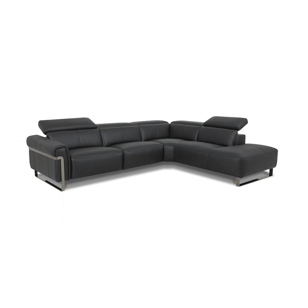 A gray leather sectional sofa with metal legs isolated on a white background.