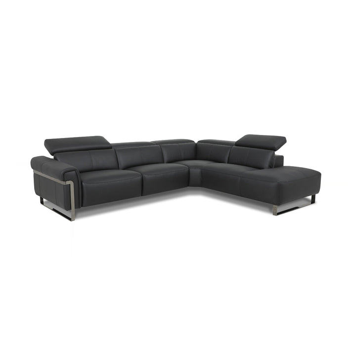 A gray leather sectional sofa with metal legs isolated on a white background.