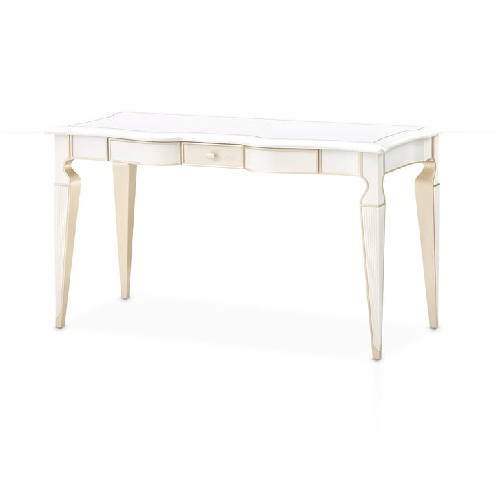 A white and beige desk with a curved top and four drawers on a white background.