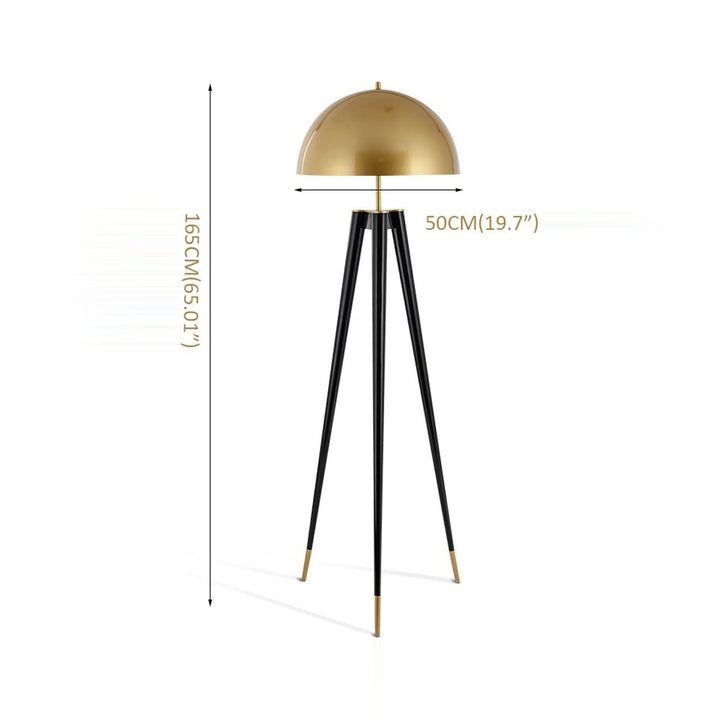 Image shows the dimensions of a gold and black tripod floor lamp against a white background.