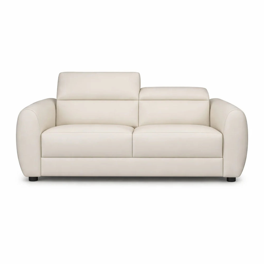 Cream leather two-seater sofa with a split backrest design, rounded armrests, and black legs.