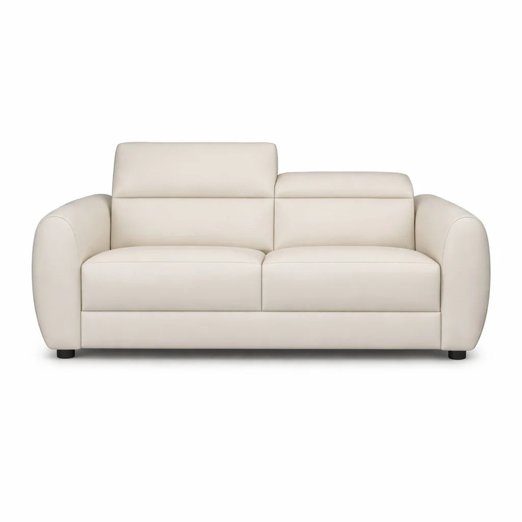 Cream leather two-seater sofa with a split backrest design, rounded armrests, and black legs.