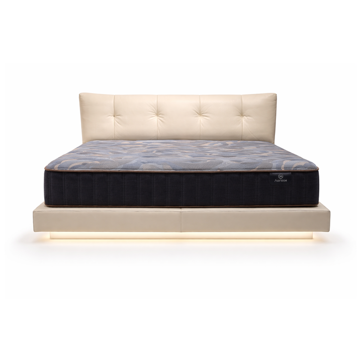 Beige leatherette platform bed with tufted headboard and LED-lit floating base.