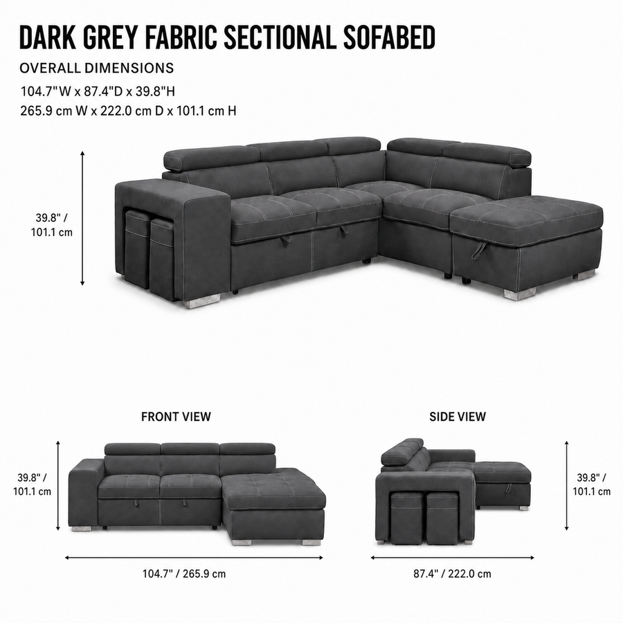 FEDERICA Dark Grey Fabric Sectional Sofabed