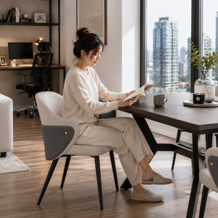 JAZLYN Leathaire Dining Chair with Grey Ribbed Back