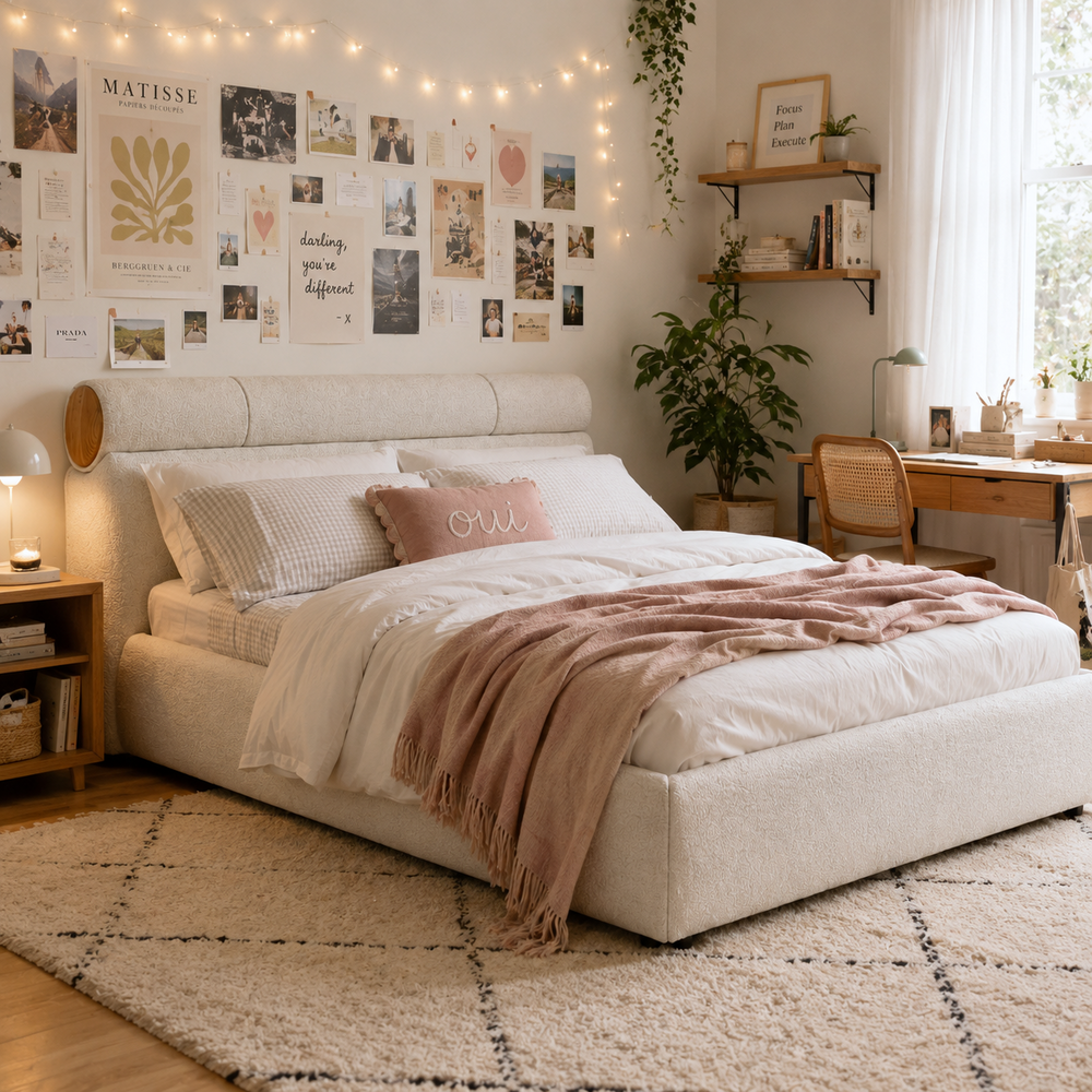 SIGRID Queen Beige Fabric Bed