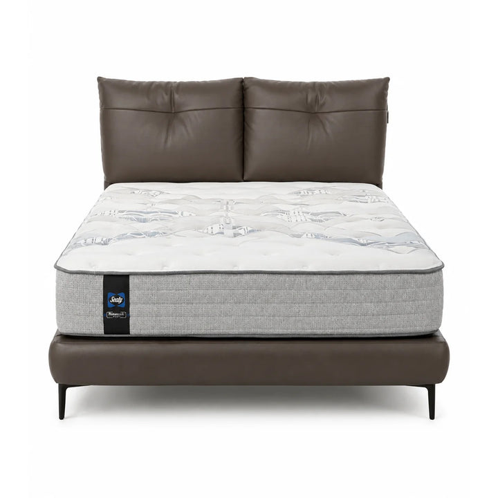A luxury mattress on a modern brown upholstered bed frame with a matching tufted headboard, shown against a solid white background.
