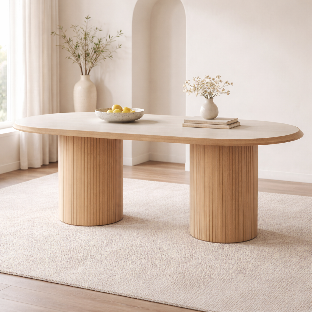 Wooden dining table with a bowl of fruit and vases in a minimalistic room.