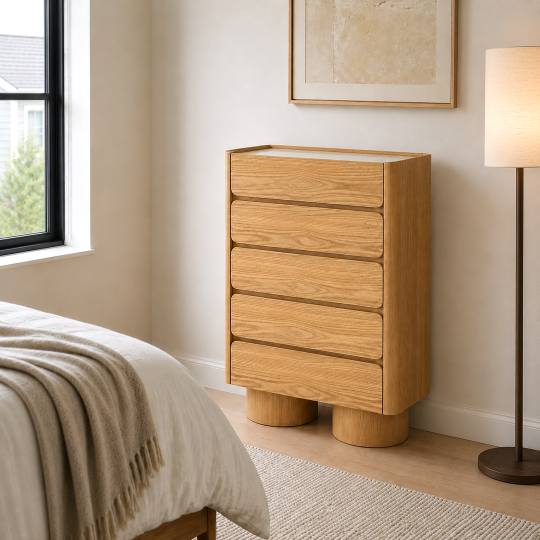 ULRIKA 5 Drawers Beige & Oak Veneer Chest