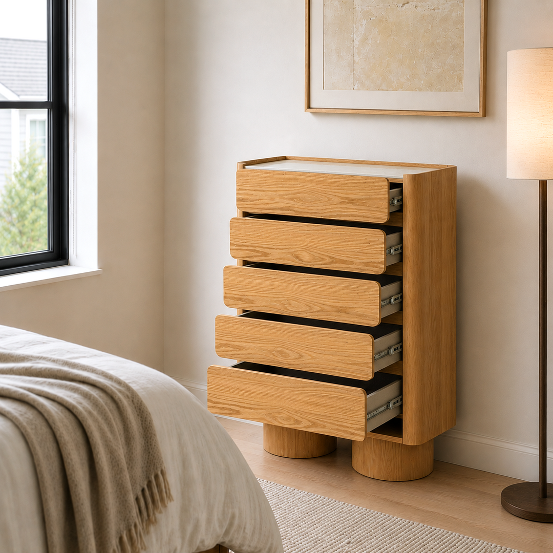 ULRIKA 5 Drawers Beige & Oak Veneer Chest