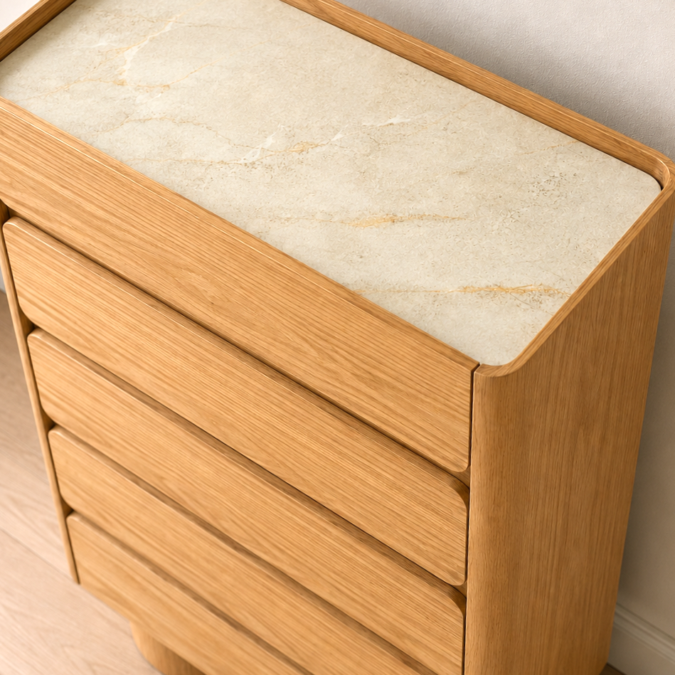 ULRIKA 5 Drawers Beige & Oak Veneer Chest