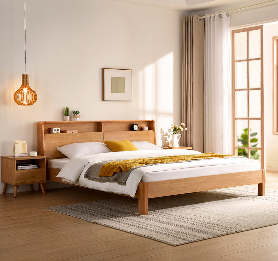 JULIOH Natural Oak Storage Queen Bed