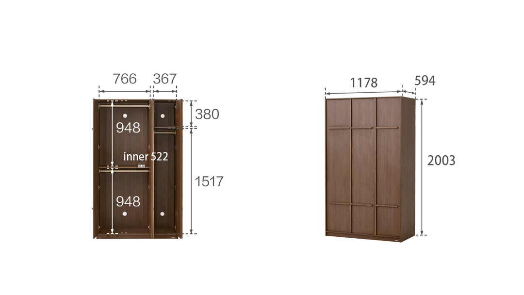 KRISTINA 200cm Three Door Walnut Color Wardobe