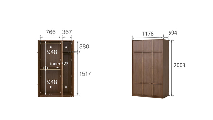 KRISTINA 200cm Three Door Walnut Color Wardobe