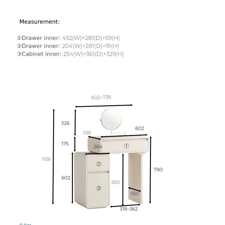 KARTER 80cm White Dresse And Dressing Stool