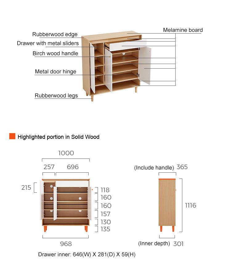 SUDBURY Space-Saving Three-Door Shoe Cabinet