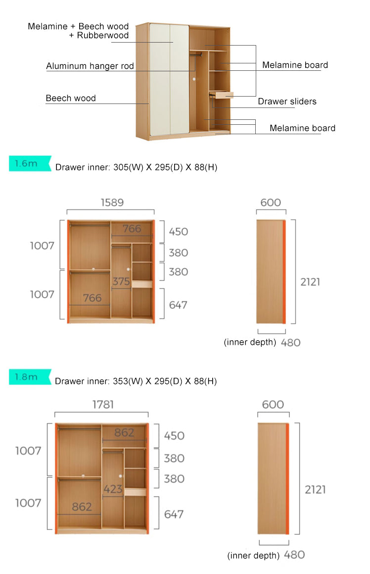 SEVILLE 160cm Wood Color Wardrobe