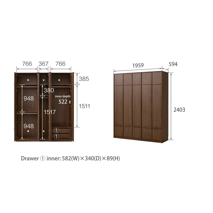 KRISTINA 240cm Five Door Walnut Color Wardobe