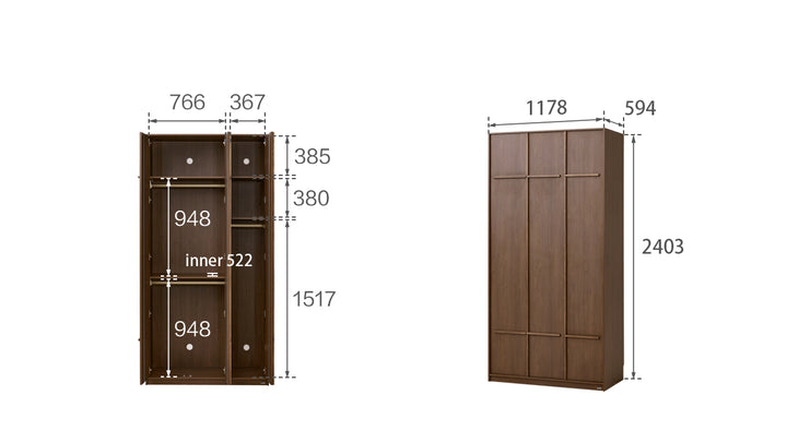 KRISTINA 240cm Three Door Walnut Color Wardobe