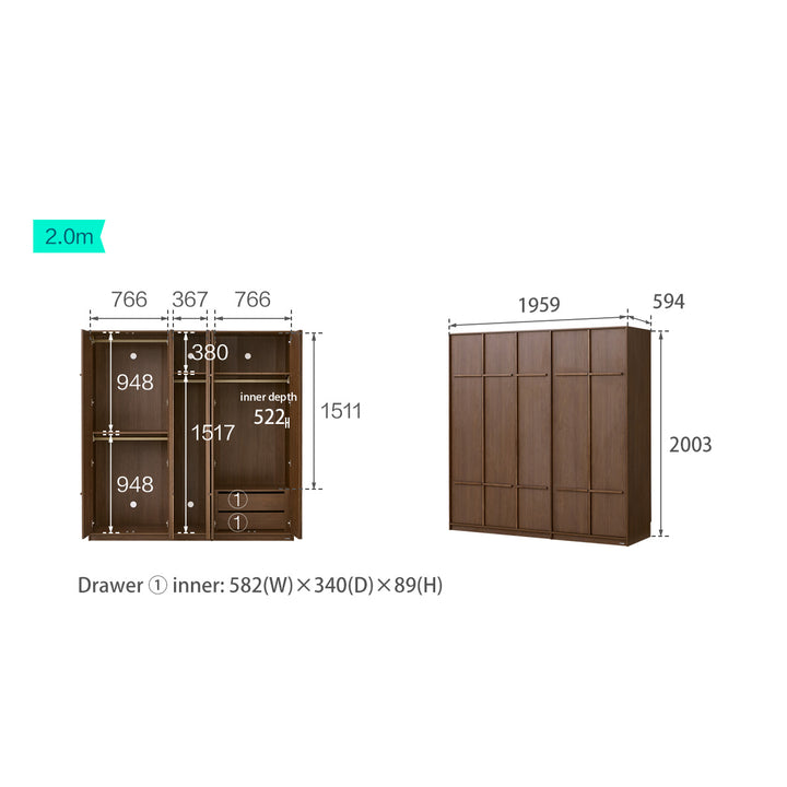 KRISTINA 200cm Five Door Walnut Color Wardobe