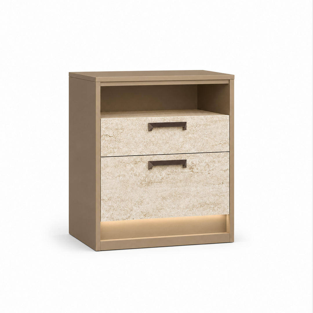 Beige nightstand with two drawers on a white background